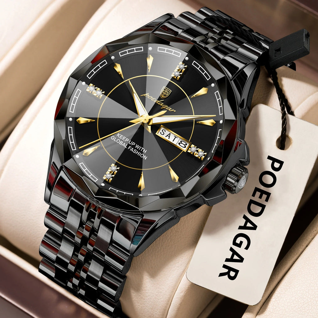 POEDAGAR Luxury Fashion Man Clock Top Business Waterproof Luminous Date Week Men's Watches Quartz Stainless Steel Men Wristwatch