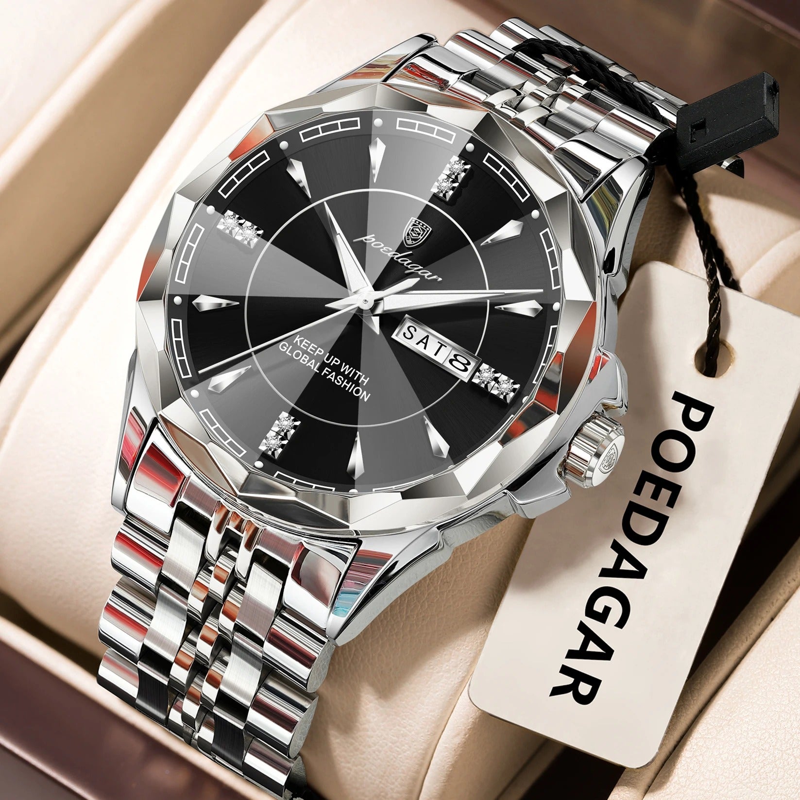 POEDAGAR Luxury Fashion Man Clock Top Business Waterproof Luminous Date Week Men's Watches Quartz Stainless Steel Men Wristwatch