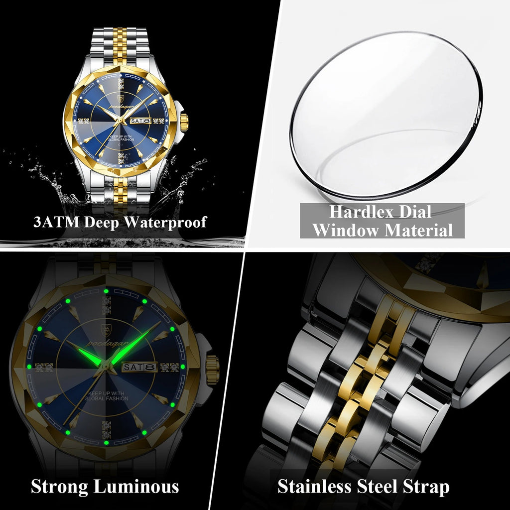 POEDAGAR Luxury Fashion Man Clock Top Business Waterproof Luminous Date Week Men's Watches Quartz Stainless Steel Men Wristwatch