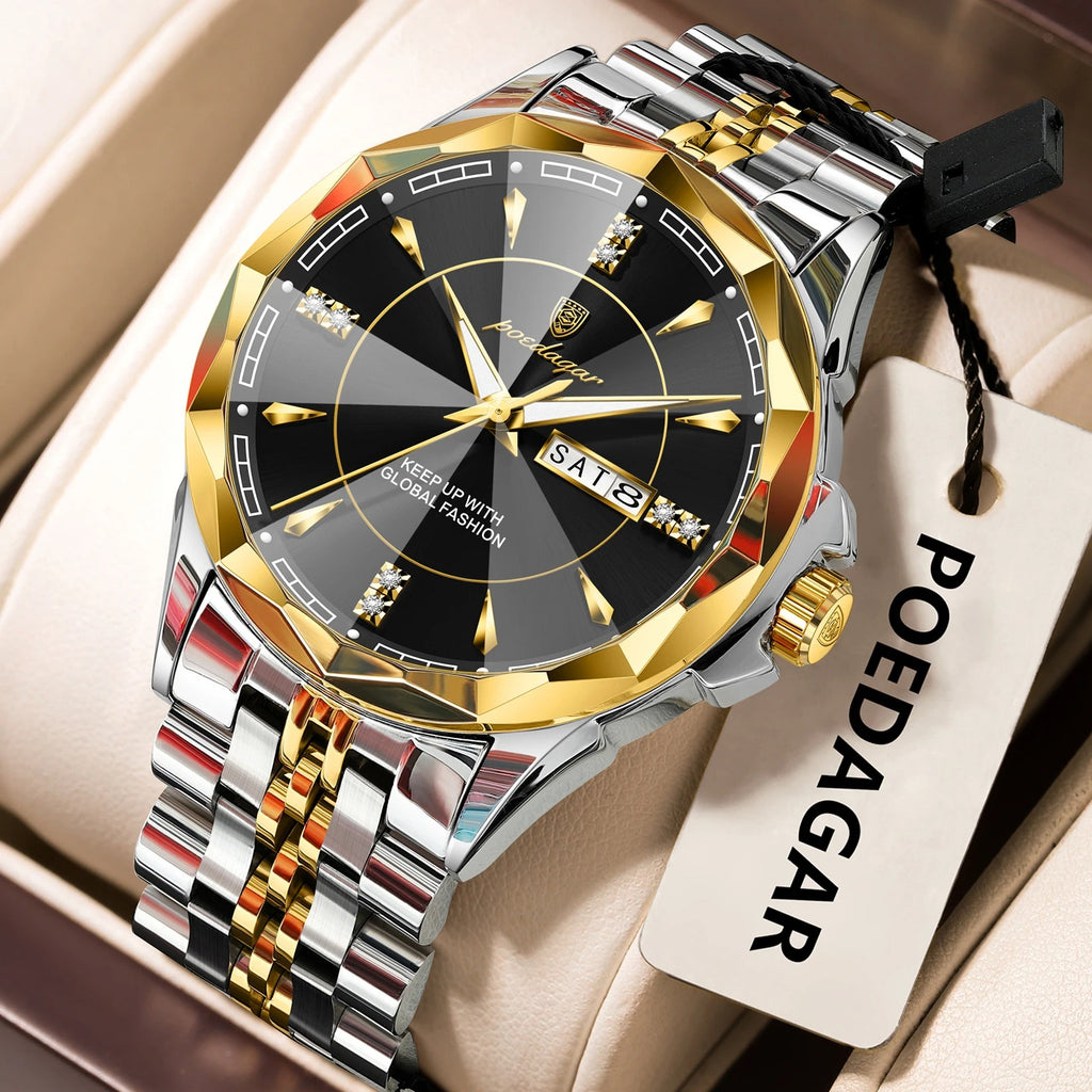 POEDAGAR Luxury Fashion Man Clock Top Business Waterproof Luminous Date Week Men's Watches Quartz Stainless Steel Men Wristwatch